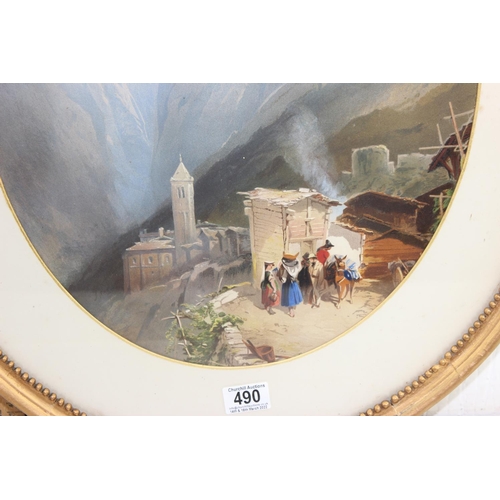 490 - An antique gilt framed watercolour depicting a mountain scene, seemingly unsigned, impressive decora... 