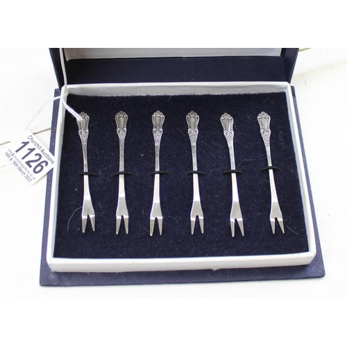 1126 - A boxed set of 6 silver crab forks, all marked 925