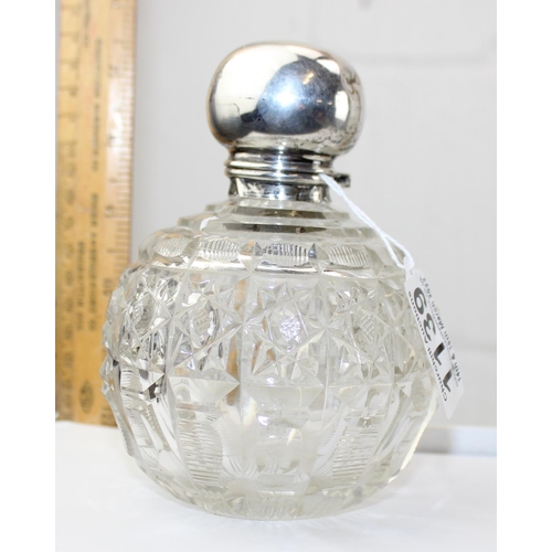 1139 - A silver topped and cut glass grenade perfume bottle, Birmingham 1919, makers mark obscured