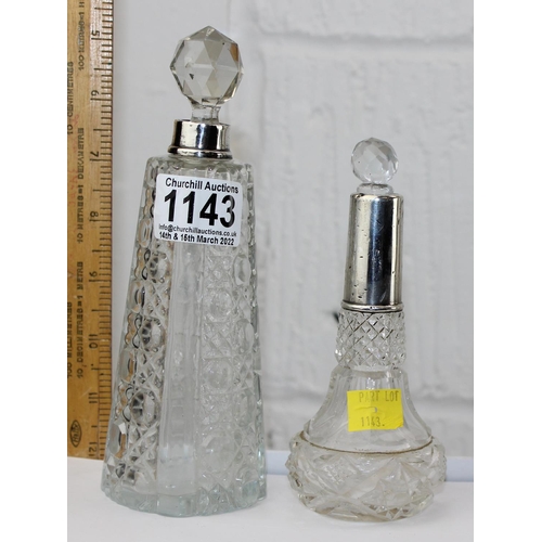 1143 - 2 silver mounted glass scent bottles, one London 1907