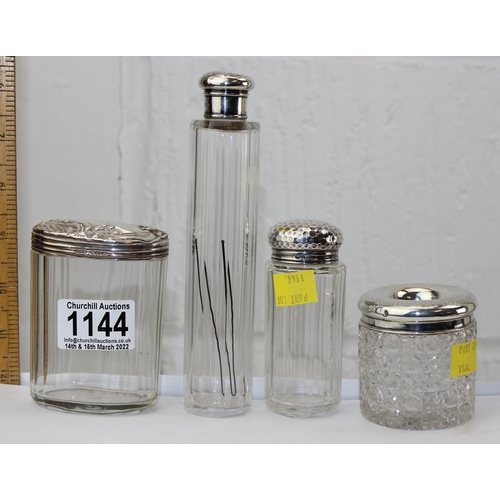 1144 - 4 silver topped and glass jars, various dates and makers