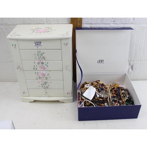 1237 - A large white painted jewellery chest and contents and a large box of assorted costume jewellery