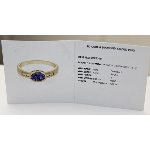 1239 - A 9ct gold diamond & Iolite ring, approx size N, approx 2.71g gross weight, with paperwork