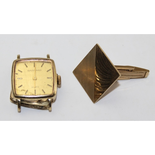 1245 - A 9ct gold cufflink, approx 5.37g gross and a 9ct gold cased Garrard watch, approx 7.71g gross (with... 