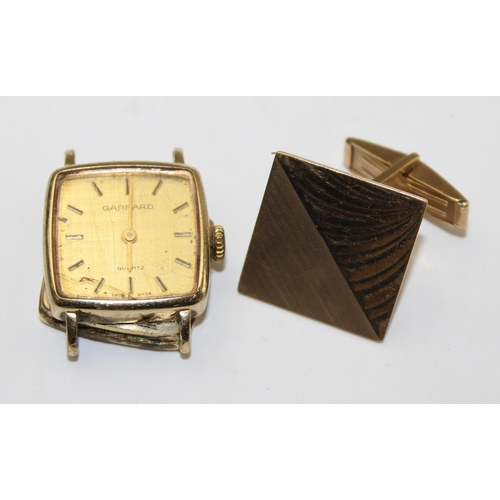 1245 - A 9ct gold cufflink, approx 5.37g gross and a 9ct gold cased Garrard watch, approx 7.71g gross (with... 