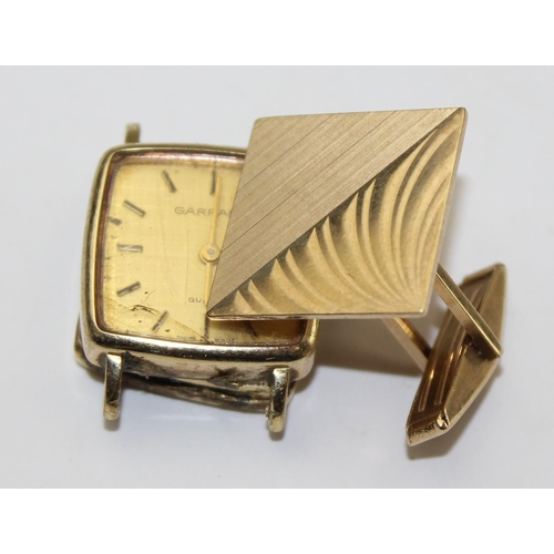 1245 - A 9ct gold cufflink, approx 5.37g gross and a 9ct gold cased Garrard watch, approx 7.71g gross (with... 