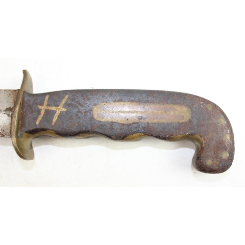 1018 - A rare Italian WW2 period M.V.S.N fighting knife in scabbard with unusual decorated metal handle, no... 