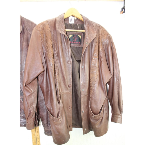 202 - 2 brown leather jackets, one size Large & Sardar size Medium