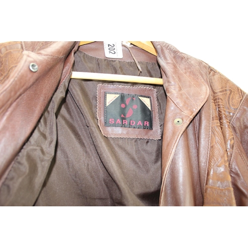 202 - 2 brown leather jackets, one size Large & Sardar size Medium