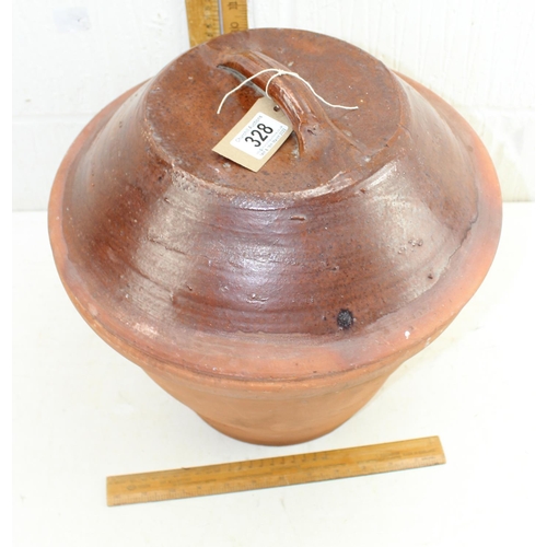 328 - A large vintage terracotta crock pot with lid