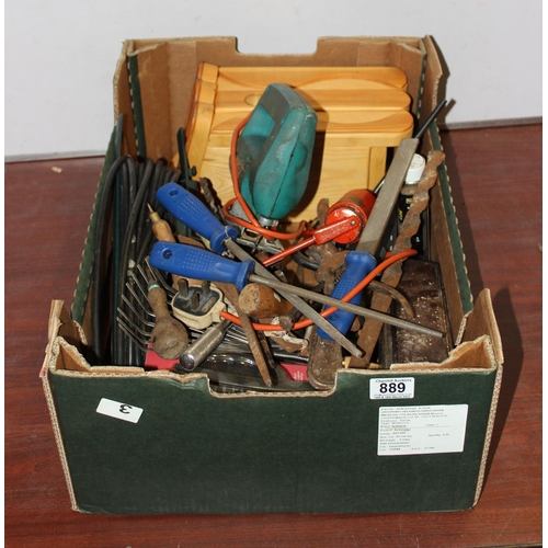 889 - Box of assorted tools, garage items, bird box etc