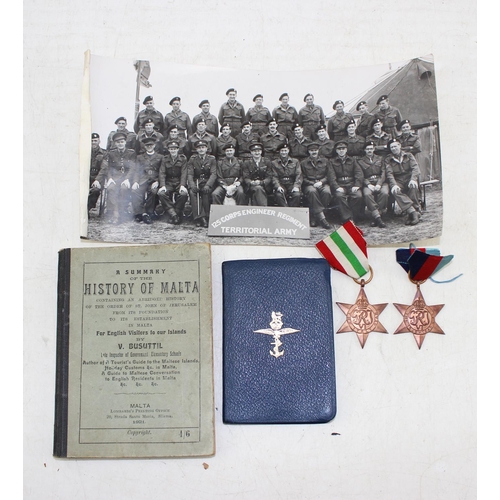 1030 - 1940's Photograph & diary to Driver Sidney. P. Wood, 2 WW2 medals and a 1921 History of Malta Book