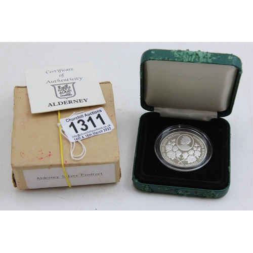 1311 - Alderney Piedfort silver proof 1990 Queen Mother 90th birthday £2 coin in worn box with paperwork