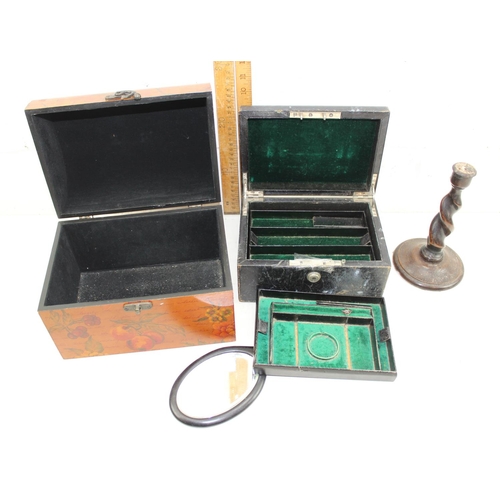 294 - Victorian leather jewellery box, modern wooden box, wooden candlestick and mirror