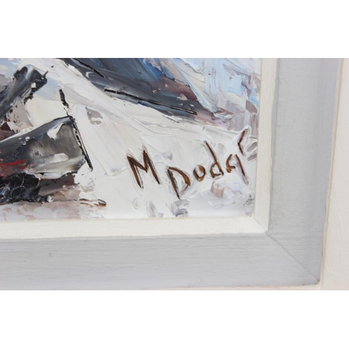 519 - M. Dodge (XX), retro oil on board of a house in snowy landscape, dated 1965?, contemporary frame