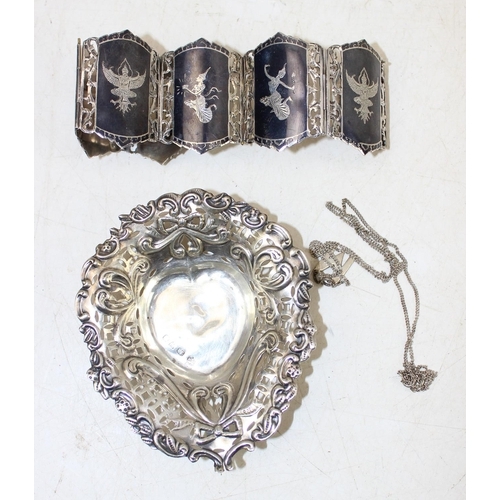 1232 - Silver pierced dish, silver necklace and a Thai silver and niello bracelet, approx 72.48g