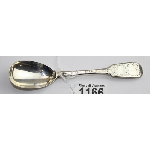 1166 - An antique Dublin silver spoon of unusual rounded form, engraved armorial, Dublin 1860 by John Smyth... 