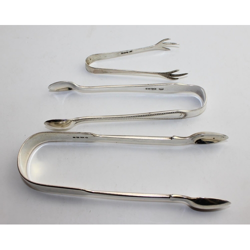 1169 - 3 pairs of silver sugar tongs, London 1853 & Sheffield 1902 & 1937, approx 109g gross