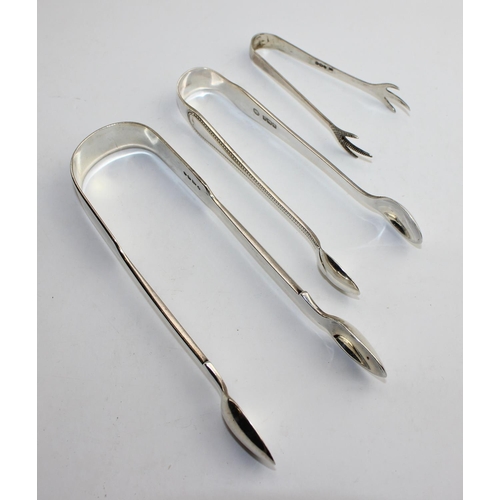 1169 - 3 pairs of silver sugar tongs, London 1853 & Sheffield 1902 & 1937, approx 109g gross