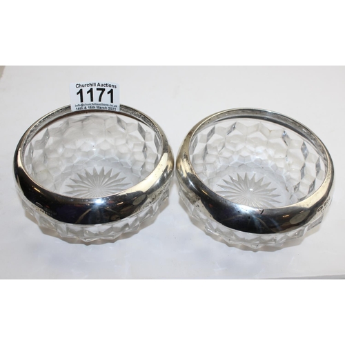 1171 - A pair of silver rimmed and cut glass bowls, Birmingham 1922 by John Grinsell & Sons