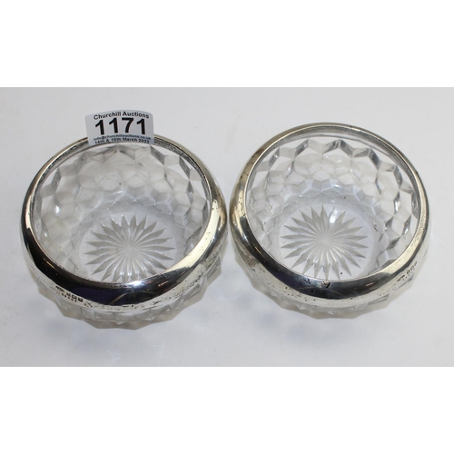 1171 - A pair of silver rimmed and cut glass bowls, Birmingham 1922 by John Grinsell & Sons