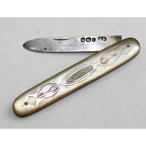 1175 - Silver handled shoe horn, button hook, silver bladed fruit knife with mother of pearl scales and oth... 