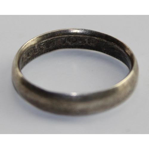 1308 - A plain silver band ring made from a German Reichmark coin dated 1938, approx size Q