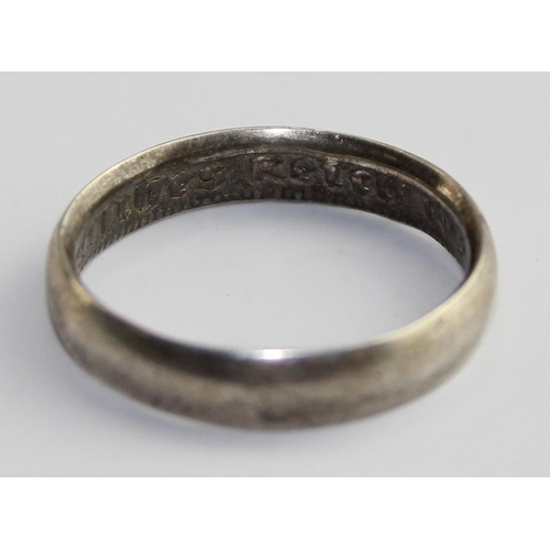 1308 - A plain silver band ring made from a German Reichmark coin dated 1938, approx size Q