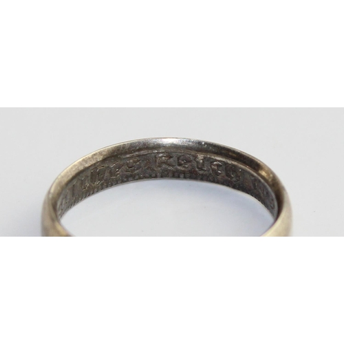 1308 - A plain silver band ring made from a German Reichmark coin dated 1938, approx size Q