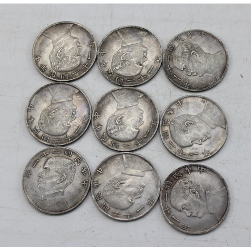 1322 - 9 assorted Chinese white metal coins, 6 non-magnetic, 