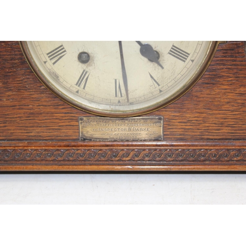 1421 - Vintage oak cased mantle clock with GWR plaque, key and pendulum