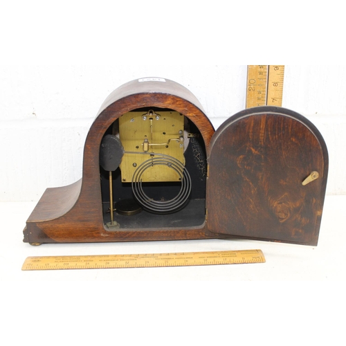 1421 - Vintage oak cased mantle clock with GWR plaque, key and pendulum