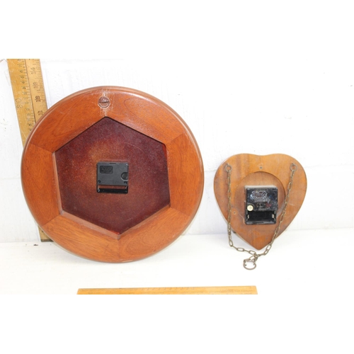 1423 - Garside Williams modern wooden wall clock and a vintage heart shaped Bentima wall clock