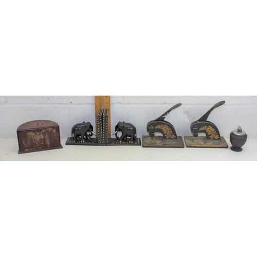 1910 - 2 cast iron stamps, Wedgwood table lighter, pair of wooden elephant bookends and an unusual Art Deco... 