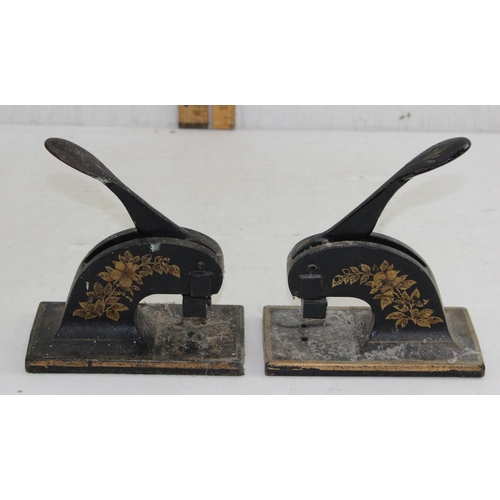 1910 - 2 cast iron stamps, Wedgwood table lighter, pair of wooden elephant bookends and an unusual Art Deco... 