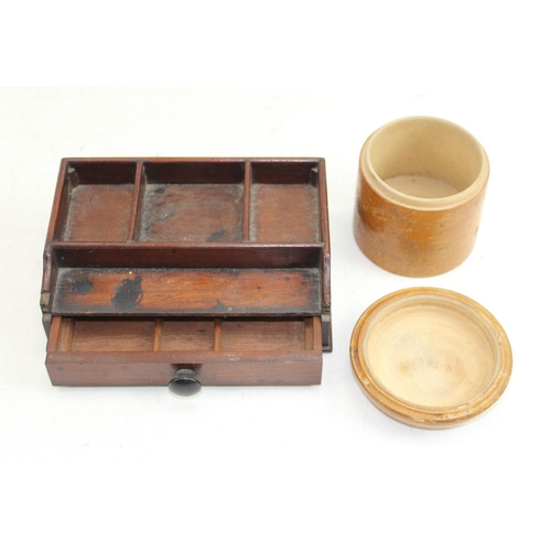 297 - A small antique wooden desk stand, expanding bookends and a lidded treen pot (3)