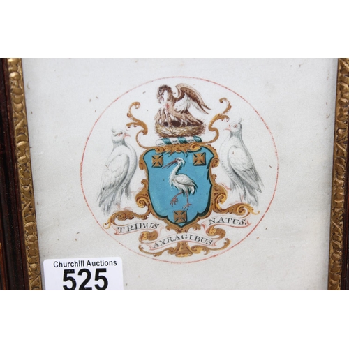 525 - An antique hand painted armorial crest, Tribus Axragibus Natus, in old frame