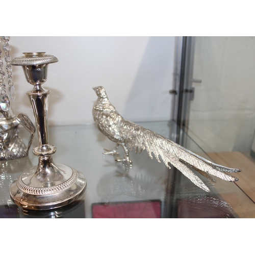 1113 - Qty of assorted silver plated items to inc candlesticks, silver plated pheasants etc