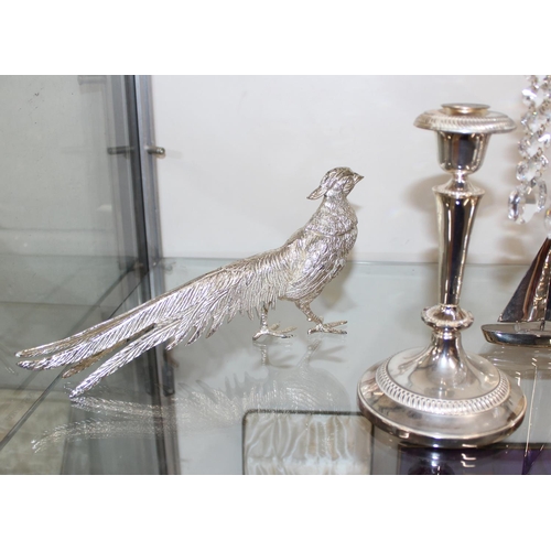 1113 - Qty of assorted silver plated items to inc candlesticks, silver plated pheasants etc