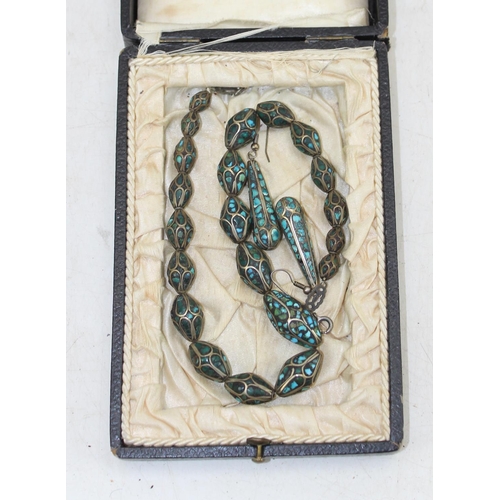 1256 - A vintage white metal and turquoise set necklace and earring set, unmarked, in antique box