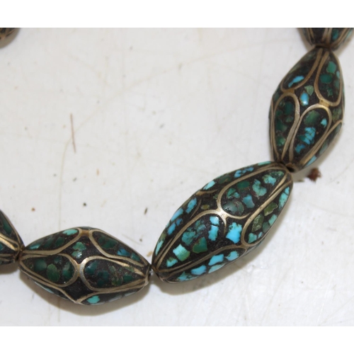 1256 - A vintage white metal and turquoise set necklace and earring set, unmarked, in antique box