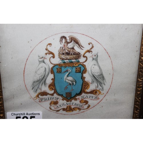 525 - An antique hand painted armorial crest, Tribus Axragibus Natus, in old frame