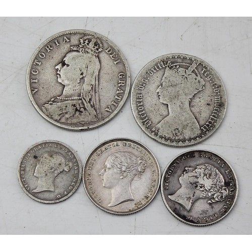 1330 - Coins, 5 19th century silver coins, 1892 half crown, 1879 Gothic Head florin. 1846 & 1838 Shilling &... 