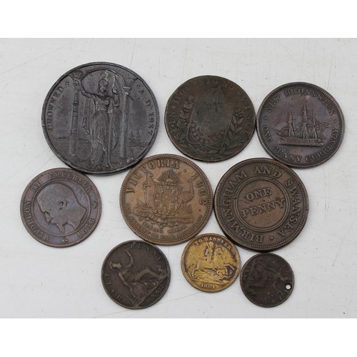 1333 - Qty of mixed copper coins, tokens, medallions etc to inc 1854 New Brunswick penny, 1811 Rose Copper ... 