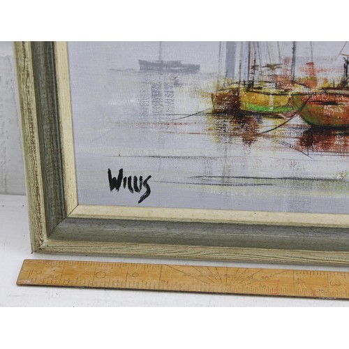 448 - A retro oil on board of boats in dock, signed Wilkes? Willis?, bears Dolphin gallery label verso and... 