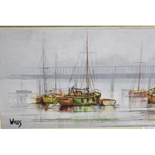 448 - A retro oil on board of boats in dock, signed Wilkes? Willis?, bears Dolphin gallery label verso and... 