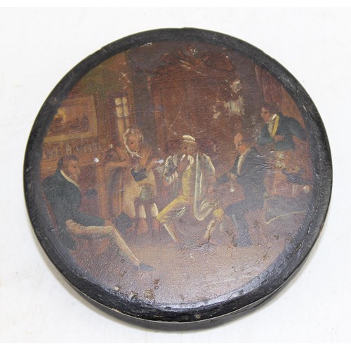 1621 - Georgian papier mache snuff box with hand painted scene to top - This lot is being sold on behalf of... 