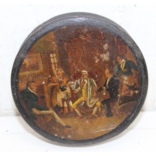 1621 - Georgian papier mache snuff box with hand painted scene to top - This lot is being sold on behalf of... 