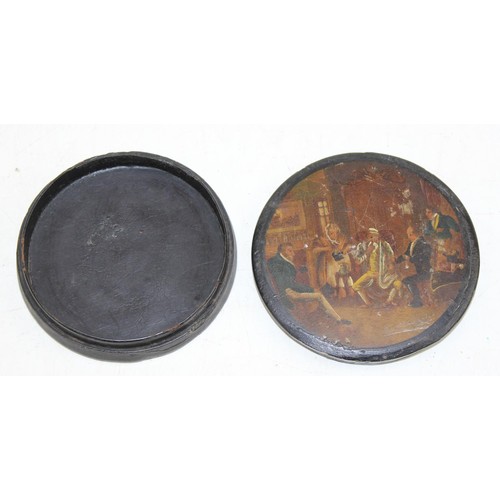 1621 - Georgian papier mache snuff box with hand painted scene to top - This lot is being sold on behalf of... 