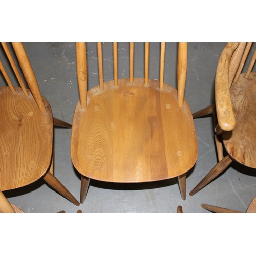 158 - A set of 6 (4 dining & 2 carver) Ercol Goldsmith pattern dining chairs, blonde finish